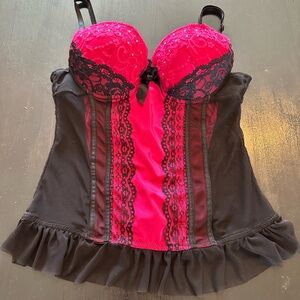 Pink and black corset top.